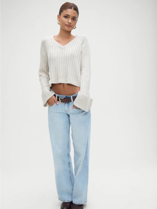 Frankie's Bikinis Sweaters - Frankie's Bikinis Cream Ribbed V-Neck Sweater